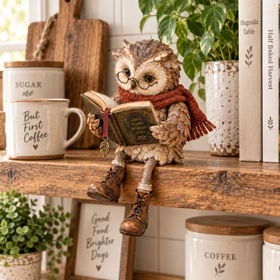 π¦ Reading Owl Figurine β Whimsical Bookish Shelf Sitter With Glasses & Dangling Boots