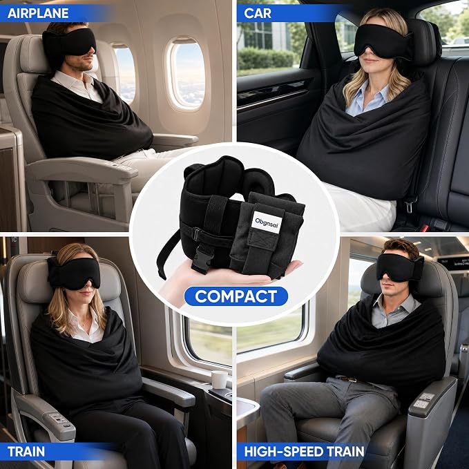 3-in-1 Travel Pillow with Eye Mask โ Neck Support for Airplane, Car & Train