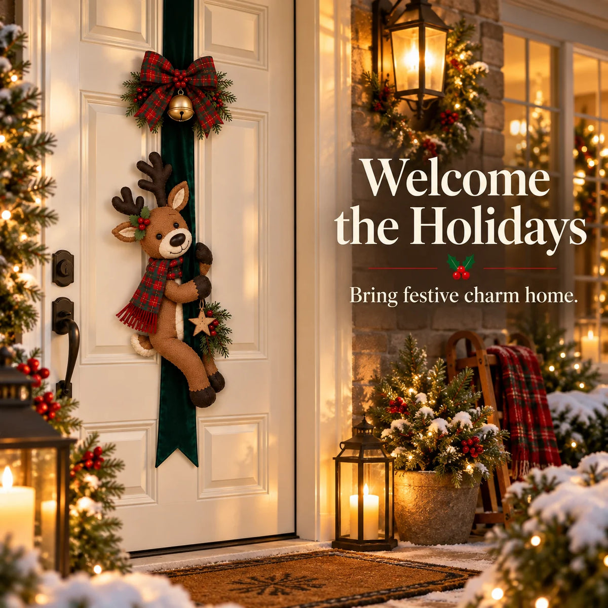 Christmas Door Bow with Reindeer and Santa Claus Decoration – Festive Holiday Door Decor 🎄
