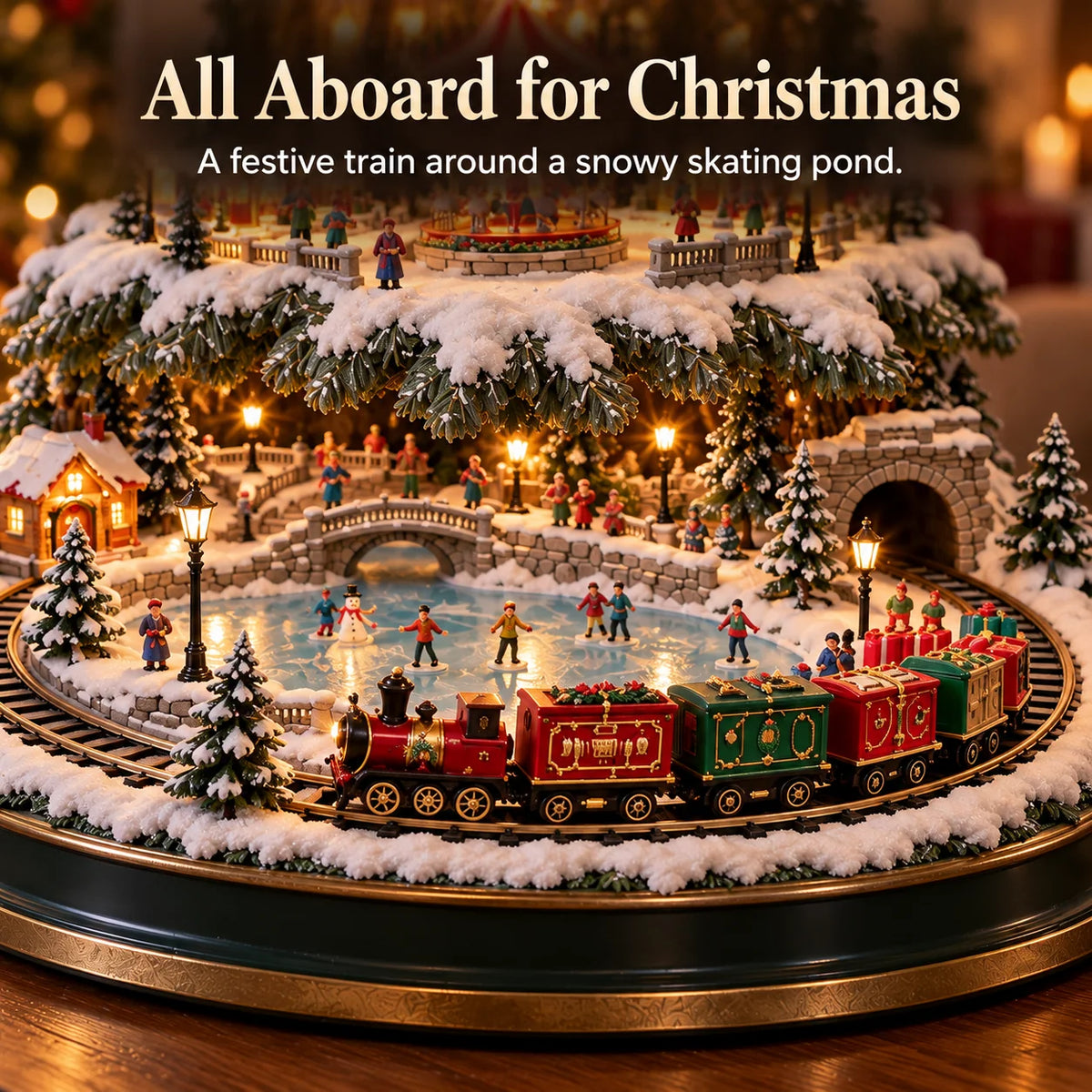 🎄 Lighted Christmas Village Tree with Train & Carousel