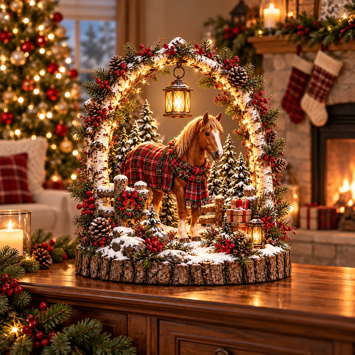🐴🎄 Christmas Horse Lantern Scene – Cozy Winter Farmhouse Table Decor