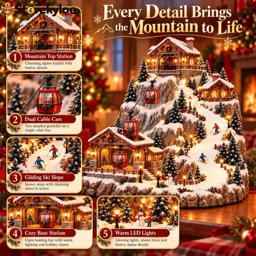 Animated Christmas Mountain Cable Car & Ski Village Scene ✨
