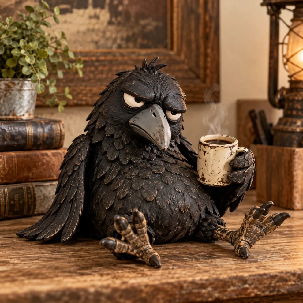 š„Rustic Vintage Raven Figurine with Coffee Mug ā Grumpy Crow Farmhouse Tabletop Decor