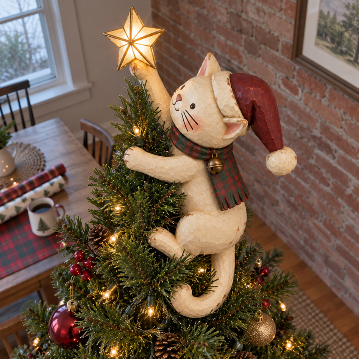 Vintage Lighted Cat Christmas Tree Topper