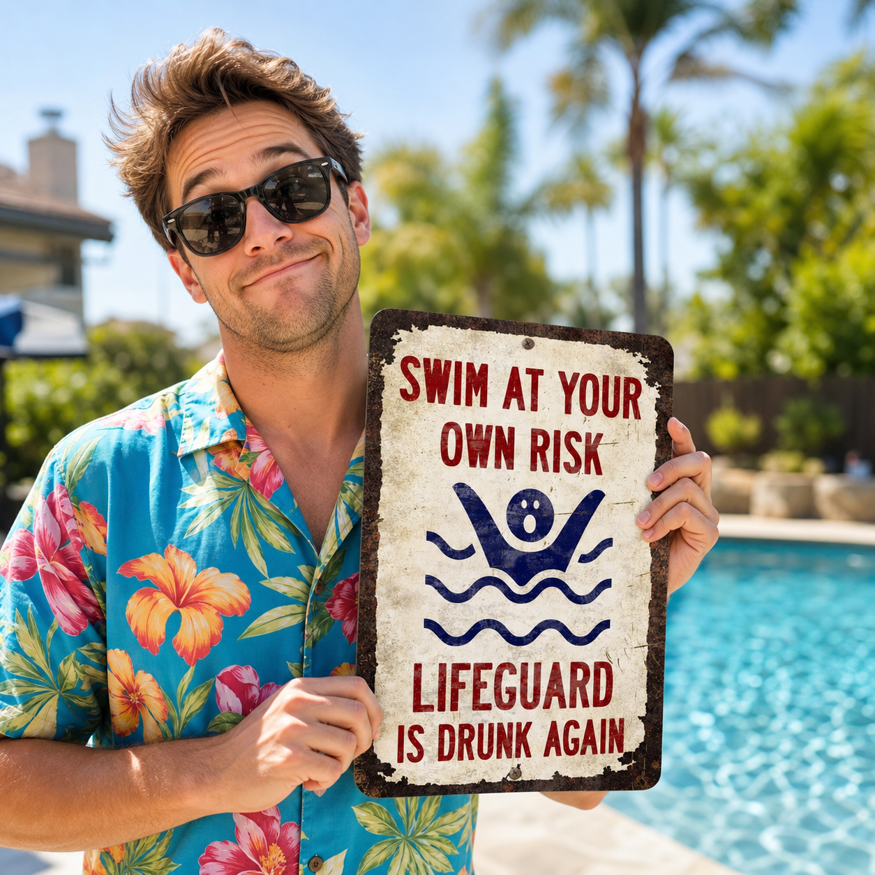 Vintage "Lifeguard Is Drunk Again" Pool Sign β Funny Metal Pool Wall Decor ππ»
