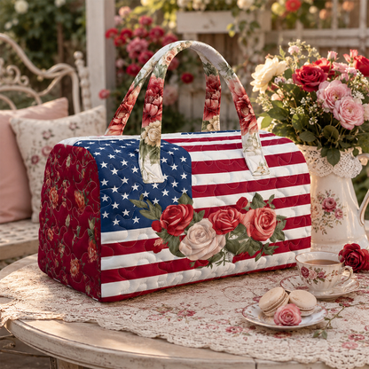 🔥 🇺🇸🧵 Handcrafted Patriotic Quilted Tote Bag – 3D Floral American Flag Travel Duffel