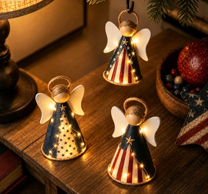 👼✨Rustic Red, White & Blue Angel Ornament with Warm LED Lights-3Pcs