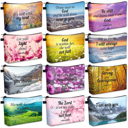 ✝️Christian Makeup Bag Gift for Women Bulk Faith Pocket Bag with Bible Verse Floral Pattern