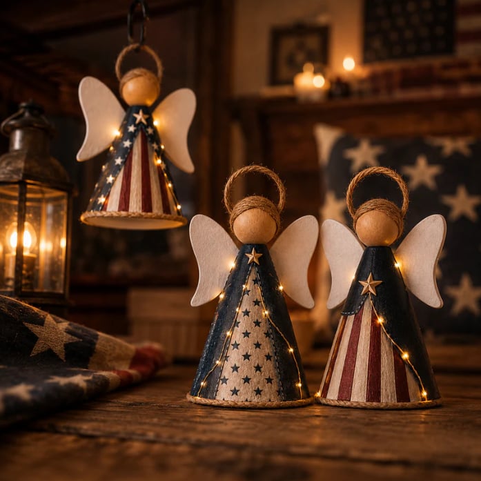 👼✨Rustic Red, White & Blue Angel Ornament with Warm LED Lights-3Pcs