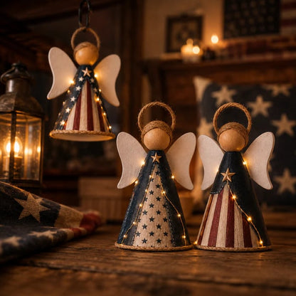 👼✨Rustic Red, White & Blue Angel Ornament with Warm LED Lights-3Pcs