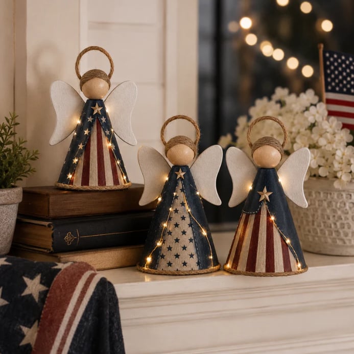 👼✨Rustic Red, White & Blue Angel Ornament with Warm LED Lights-3Pcs