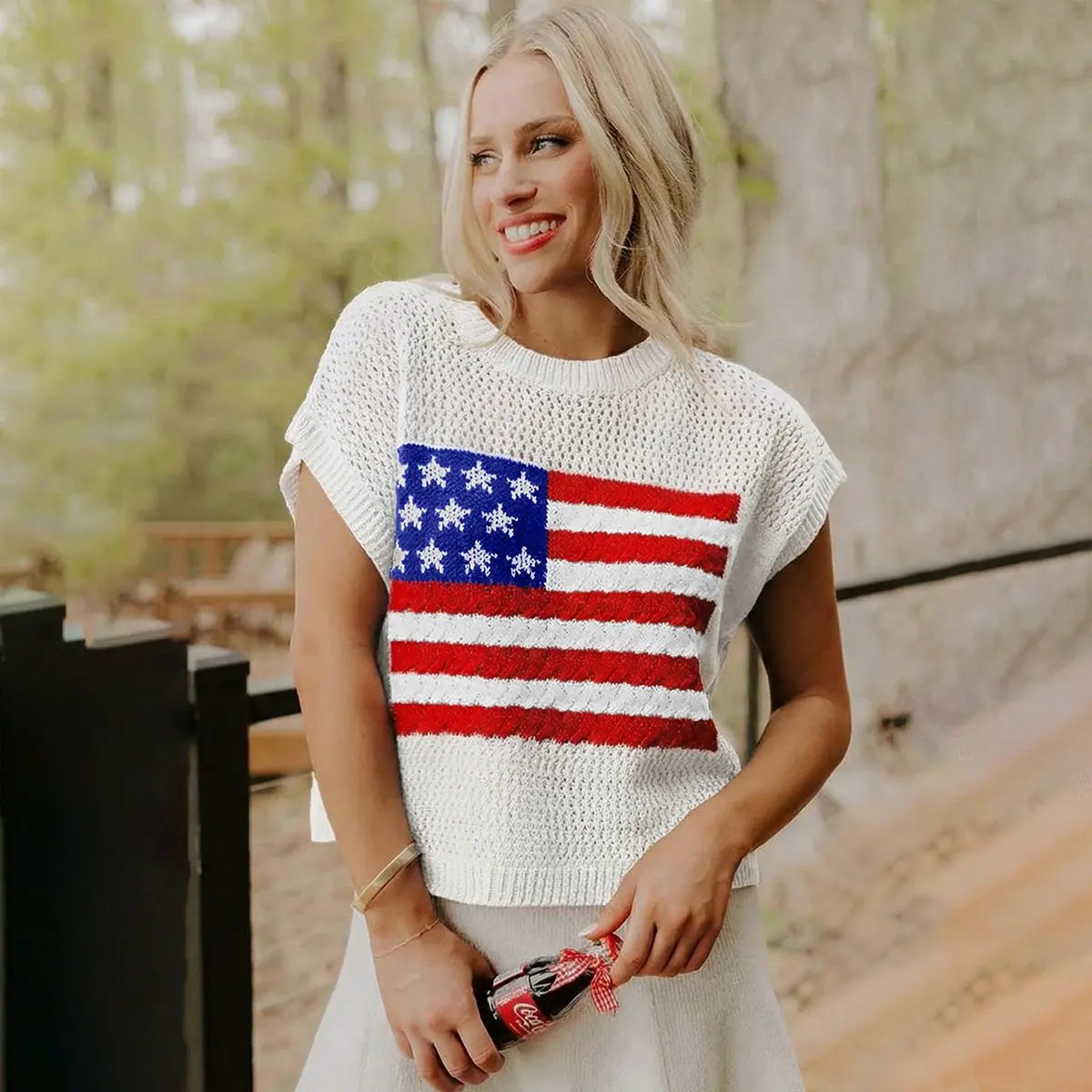 🔥Limited time sale🔥Women's Flag Graphic Hollow Out Short Sleeve Top