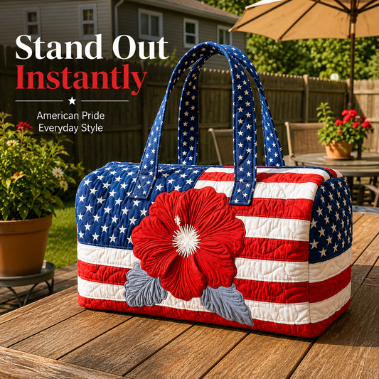 🔥 🇺🇸🧵 Handcrafted Patriotic Quilted Tote Bag – 3D Floral American Flag Travel Duffel