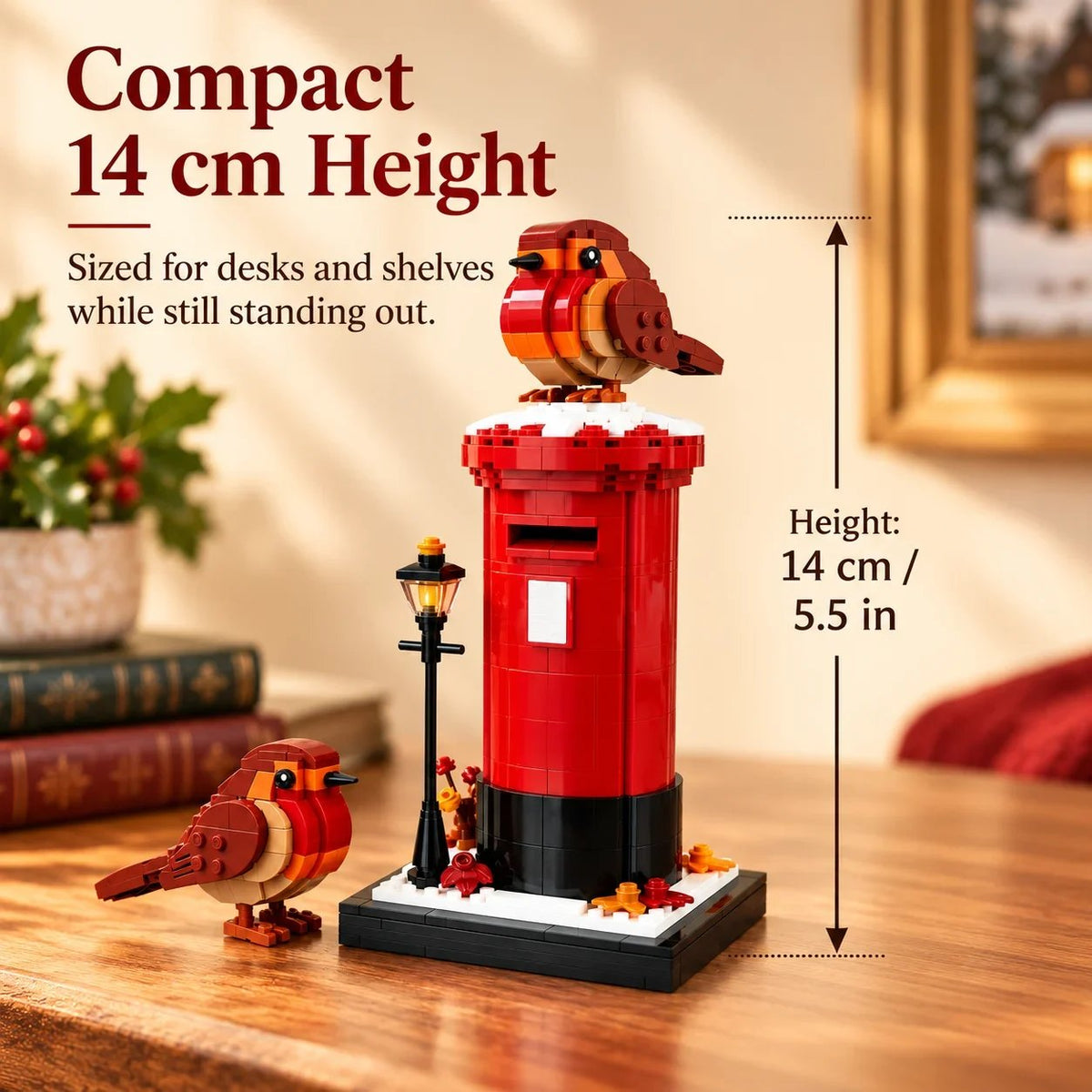Vintage British Robin & Postbox Brick Display Set – Classic Red Mailbox Model with Robin Figures & Decorative Base