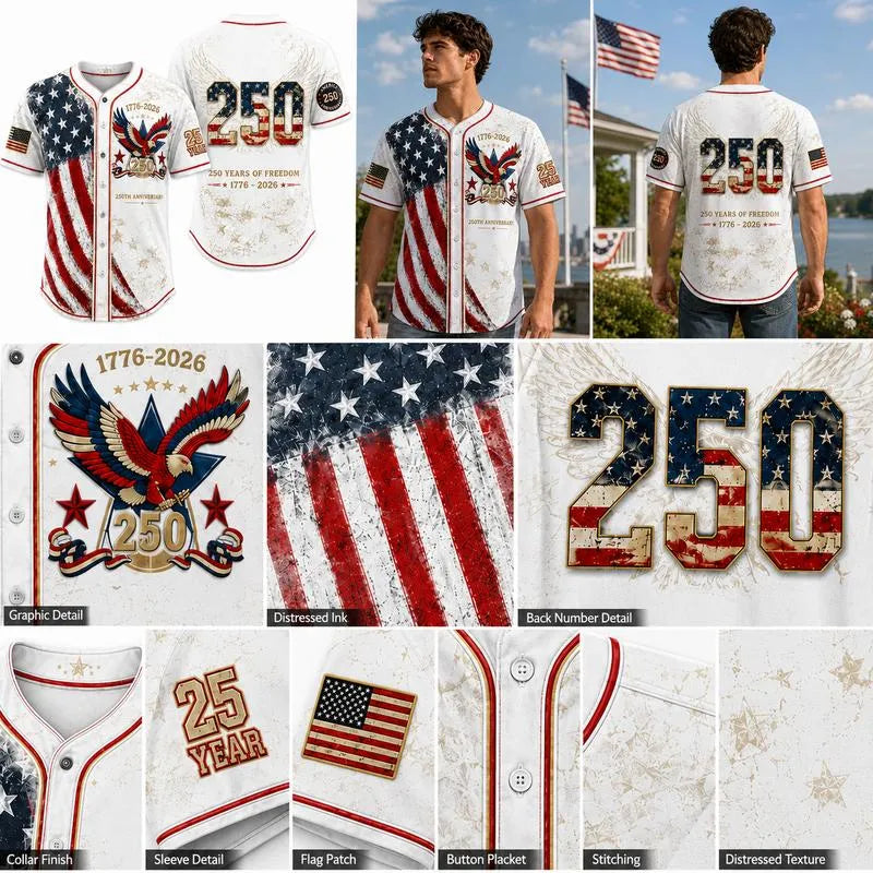 Men's 250th Anniversary Baseball Jersey Patriotic American Flag Eagle Button Down Shirt 1776-2026