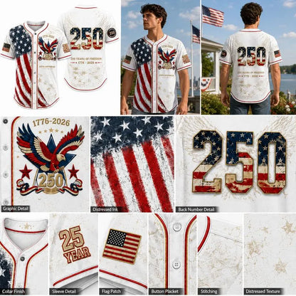 Men's 250th Anniversary Baseball Jersey Patriotic American Flag Eagle Button Down Shirt 1776-2026