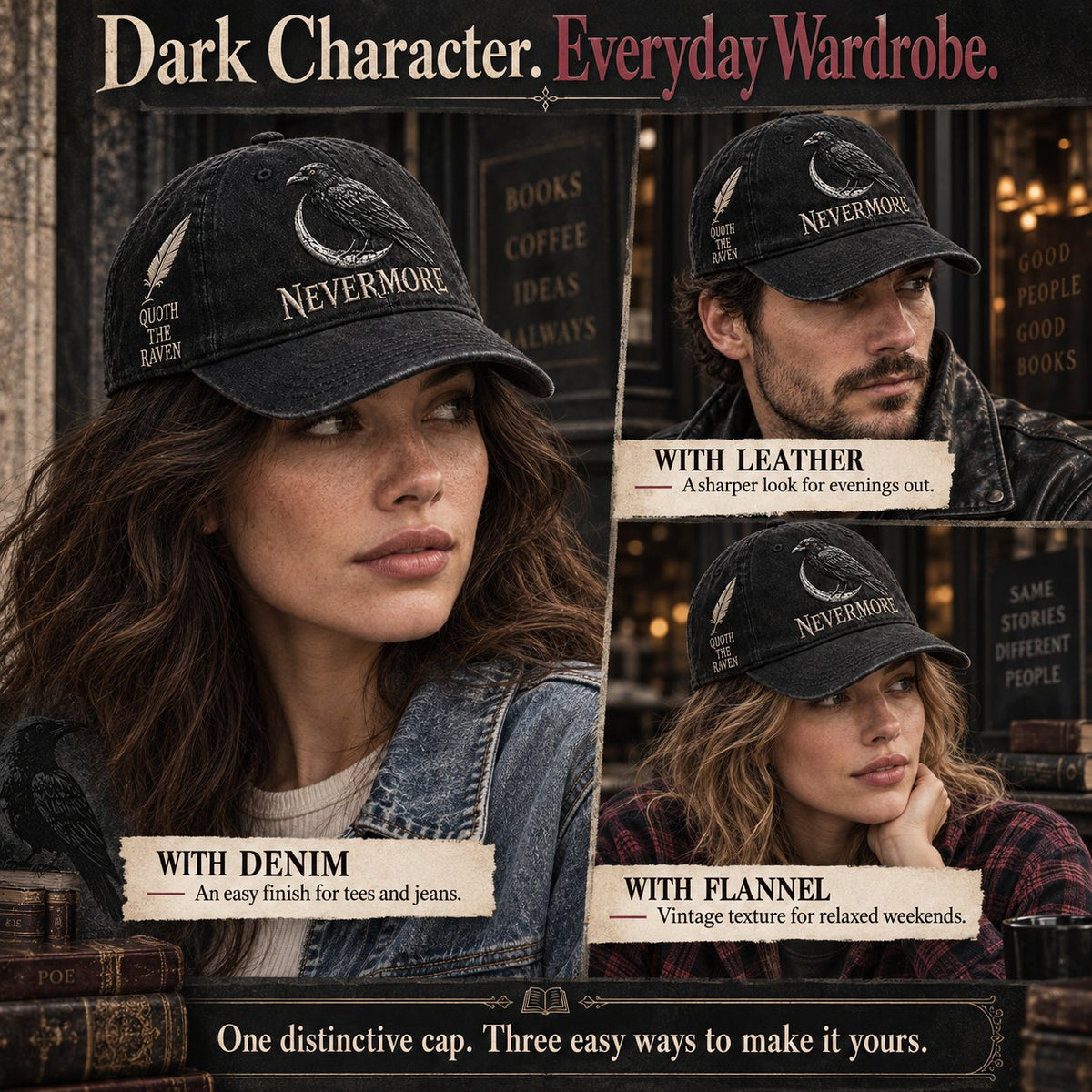 🐦 NEVERMORE Raven Gothic Cap – Premium Embroidered Literary Cap | Full Embroidery • Adjustable Fit • Vintage Black Style 🌙