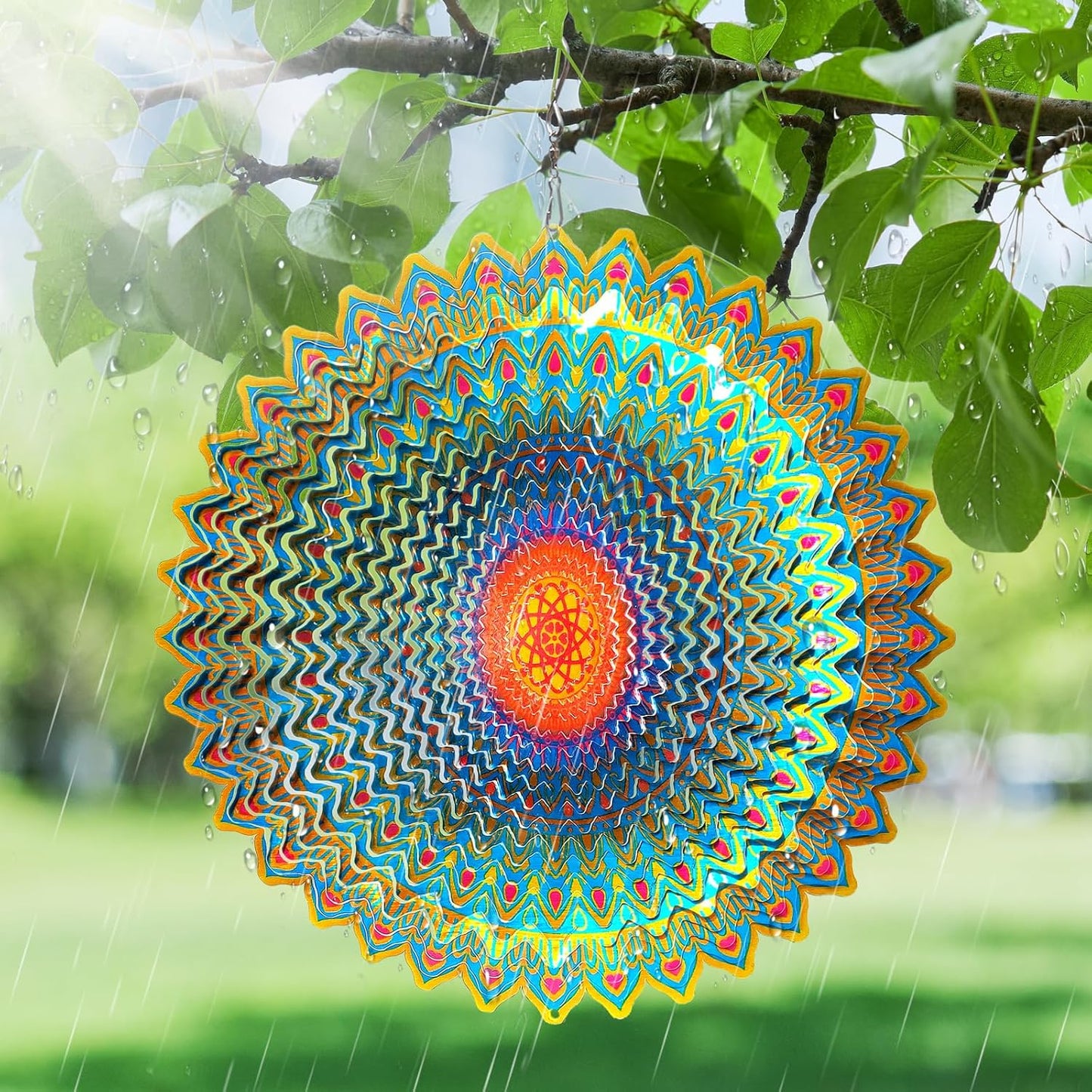 Dailyard Wind Spinner Mandala Jasmine, 12Inch Laser Cut Stainless Steel Wind Spinners, 3D Hanging Wind Sculptures for Yard and Garden Decoration Outdoor Decor Ornament, Mandala Gifts for Women Men