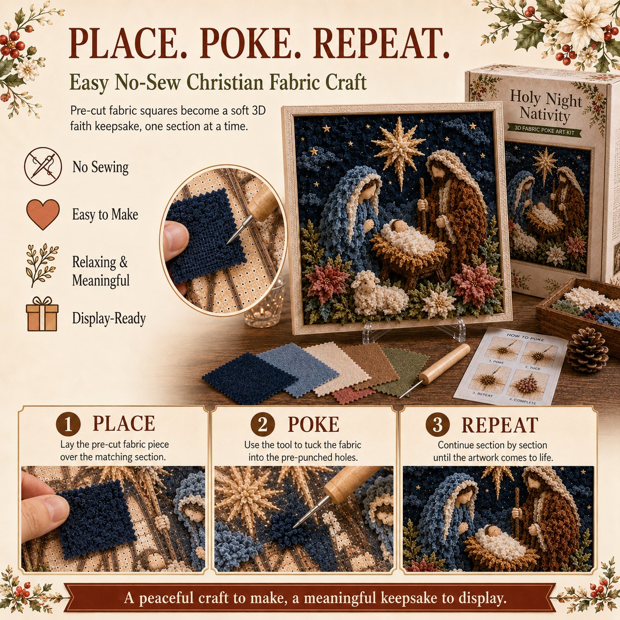 🔥 LAST DAY 49% OFF – ✝️🧵 Premium 3D Christian Fabric Poke Art Kit | No-Sew Faith Craft with Pre-Punched Board, Fabric Squares & Display Stand 🕊️✨