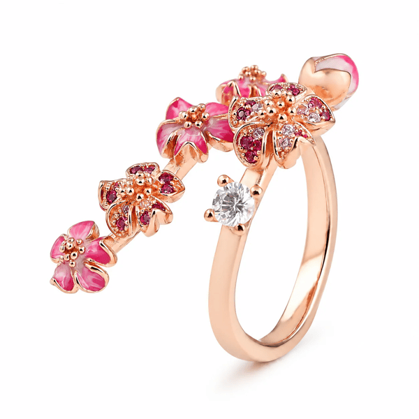 🌸Peach Blossom Flower Branch Open Ring - ✨Open Adjustable Design