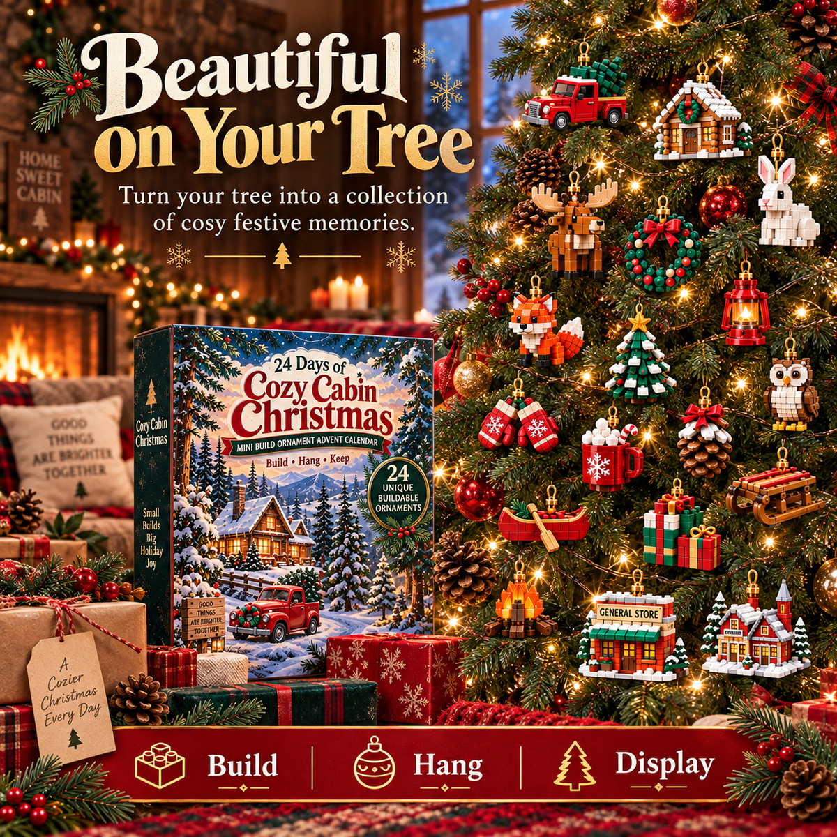 🎄 24 Days of Cozy Cabin Christmas – Mini Toy Ornament Advent Calendar