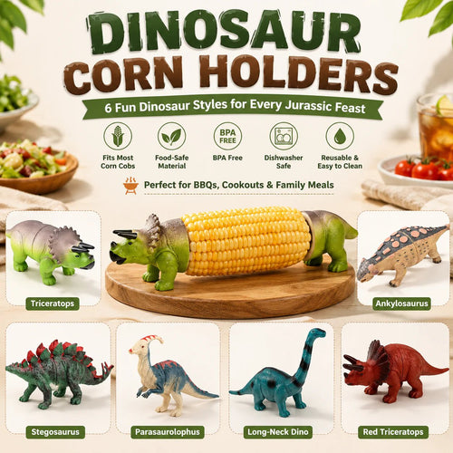 🔥Last Day 49% OFF - 🦖 Cute Dinosaur Corn Holders – Fun Stainless Steel BBQ Kitchen Gadget Set