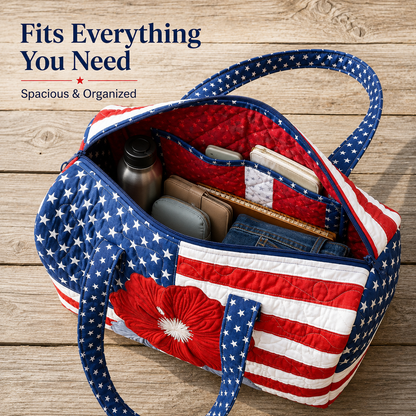 🔥 🇺🇸🧵 Handcrafted Patriotic Quilted Tote Bag – 3D Floral American Flag Travel Duffel