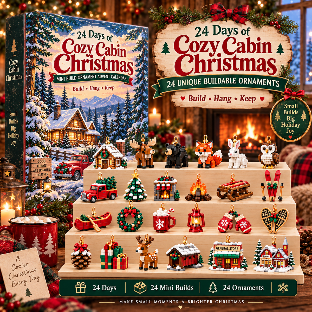 🎄 24 Days of Cozy Cabin Christmas – Mini Toy Ornament Advent Calendar