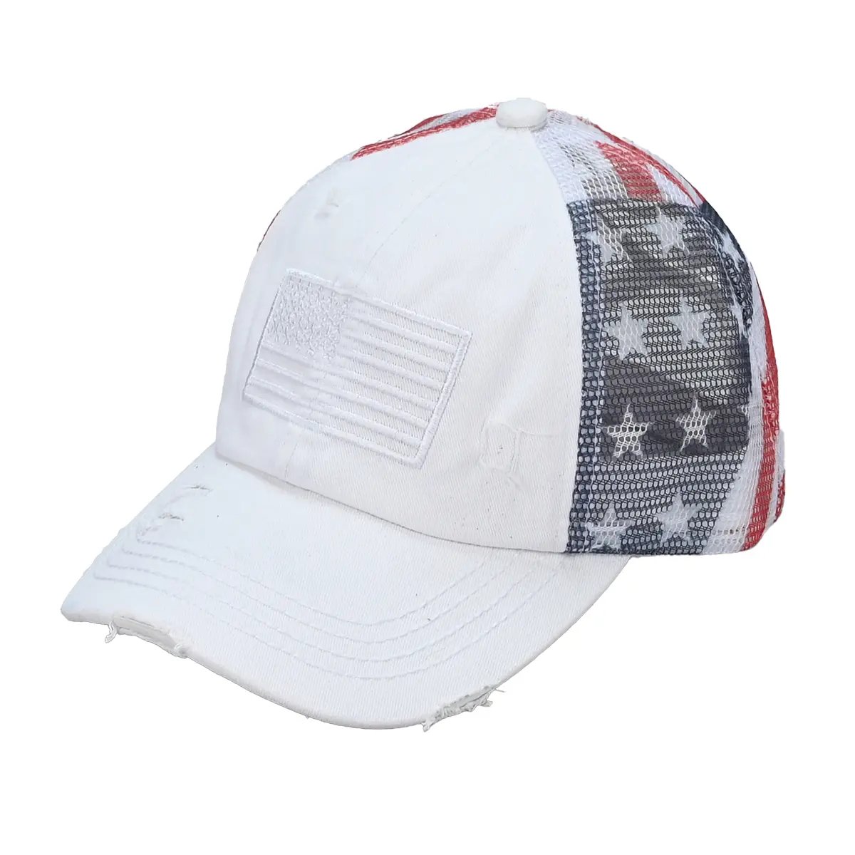 C.C Patriotic Criss-Cross Ponytail Baseball Cap | American Flag Mesh Back Ponytail Hat