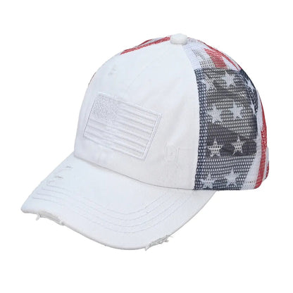 C.C Patriotic Criss-Cross Ponytail Baseball Cap | American Flag Mesh Back Ponytail Hat