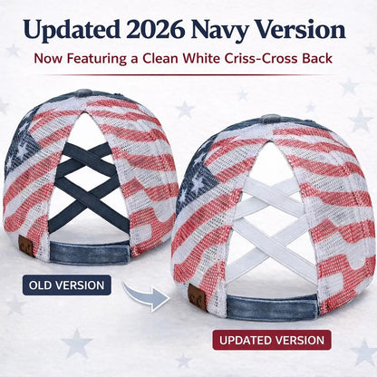 C.C Patriotic Criss-Cross Ponytail Baseball Cap | American Flag Mesh Back Ponytail Hat