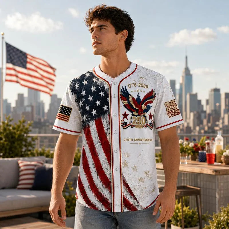 Men's 250th Anniversary Baseball Jersey Patriotic American Flag Eagle Button Down Shirt 1776-2026