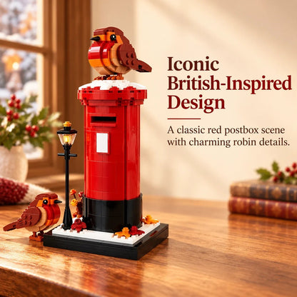 Vintage British Robin & Postbox Brick Display Set – Classic Red Mailbox Model with Robin Figures & Decorative Base