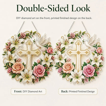 💐✝️ Cross, Flowers & Peace Dove Diamond Art Hanging Ornament Kit🌺