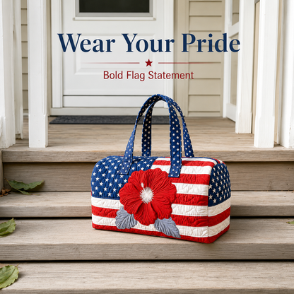 🔥 🇺🇸🧵 Handcrafted Patriotic Quilted Tote Bag – 3D Floral American Flag Travel Duffel