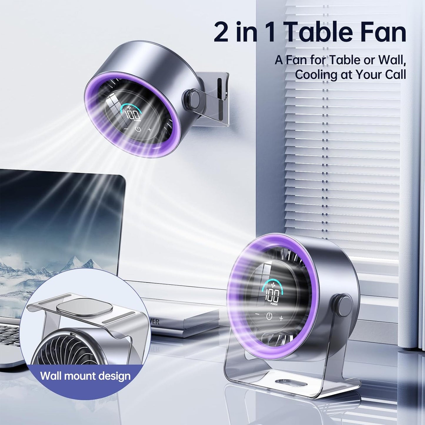 USB Desk Fan for Bedroom: 120° Rotating Small Rechargeable Battery Desktop Fans for Bedroom Home Office