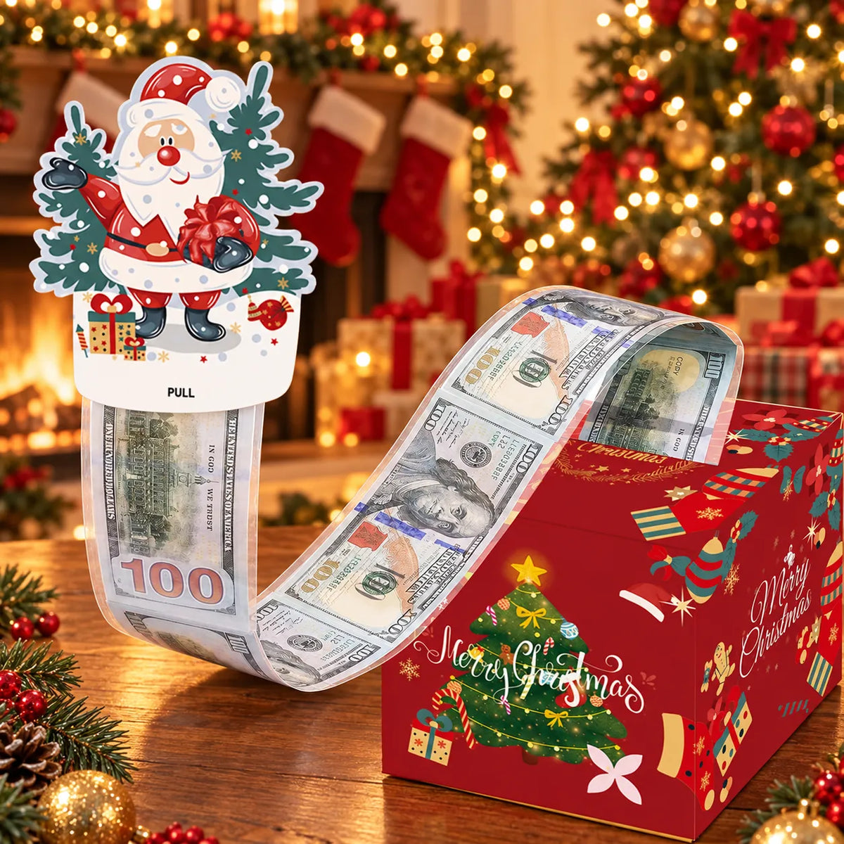 🔥LAST DAY 50% OFF - 💵🎄 Christmas Money Pull Surprise Box 50 Fillable Pockets for Cash, Treats, Notes & More 🎁