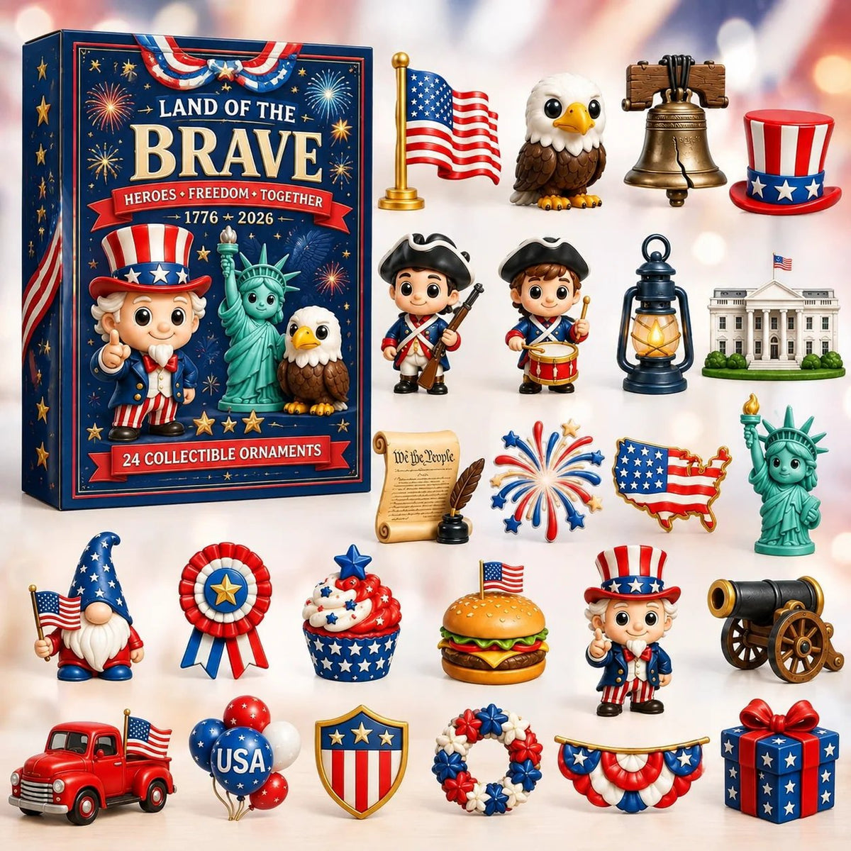 250th Anniversary Advent Calendar: Gift Box with 24 Patriotic-Themed Hanging Ornaments