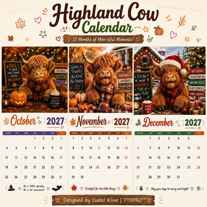 🏡2027 Highland Cow Calendar – 12 Months of Fluffy Fun, Farmhouse Charm & Moo-velous Moments🐮