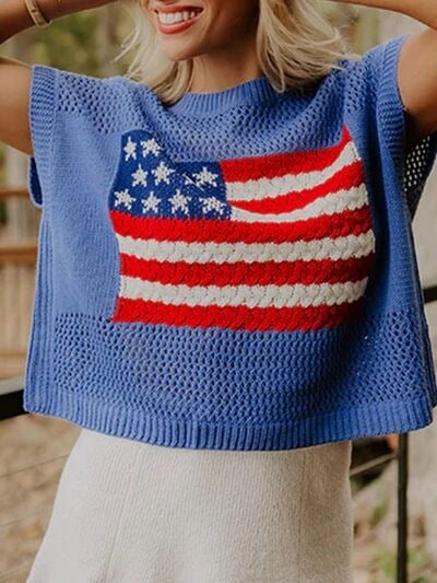 🔥Limited time sale🔥Women's Flag Graphic Hollow Out Short Sleeve Top