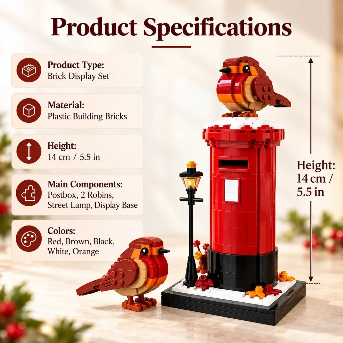 Vintage British Robin & Postbox Brick Display Set – Classic Red Mailbox Model with Robin Figures & Decorative Base
