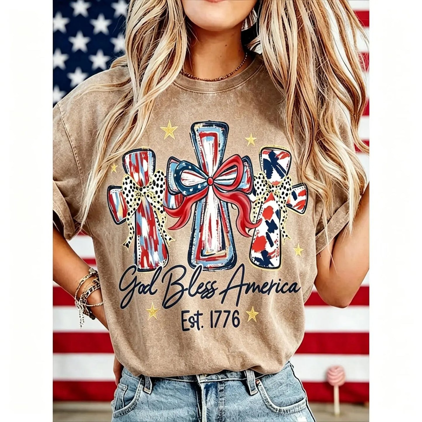 ⭐ God Bless America Women  T-Shirt - Vintage 250th Anniversary USA Gift Tee🎆