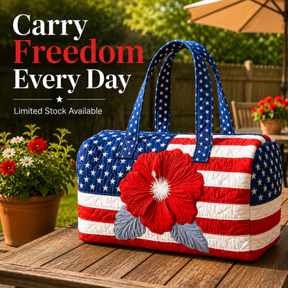 🔥 🇺🇸🧵 Handcrafted Patriotic Quilted Tote Bag – 3D Floral American Flag Travel Duffel