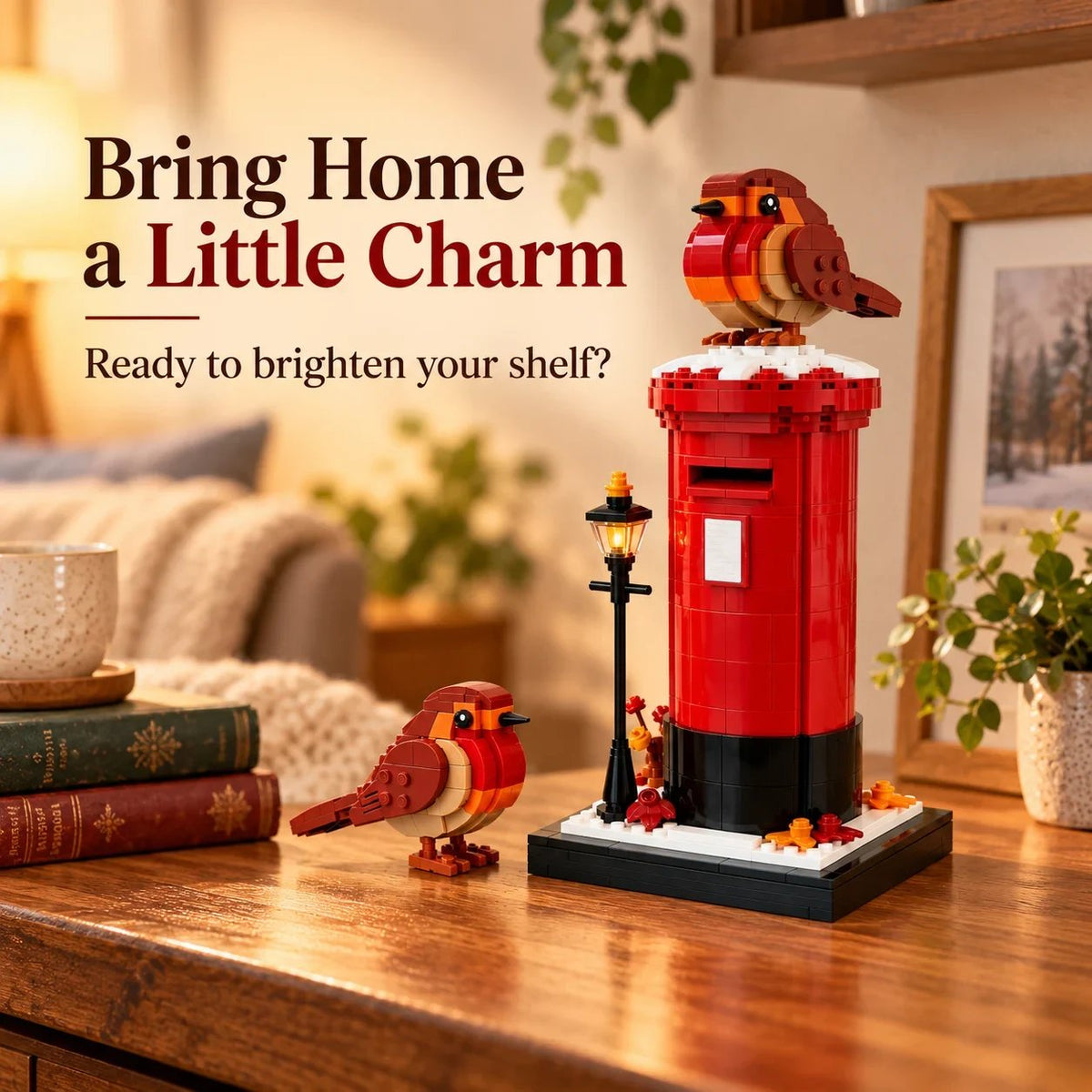 Vintage British Robin & Postbox Brick Display Set – Classic Red Mailbox Model with Robin Figures & Decorative Base