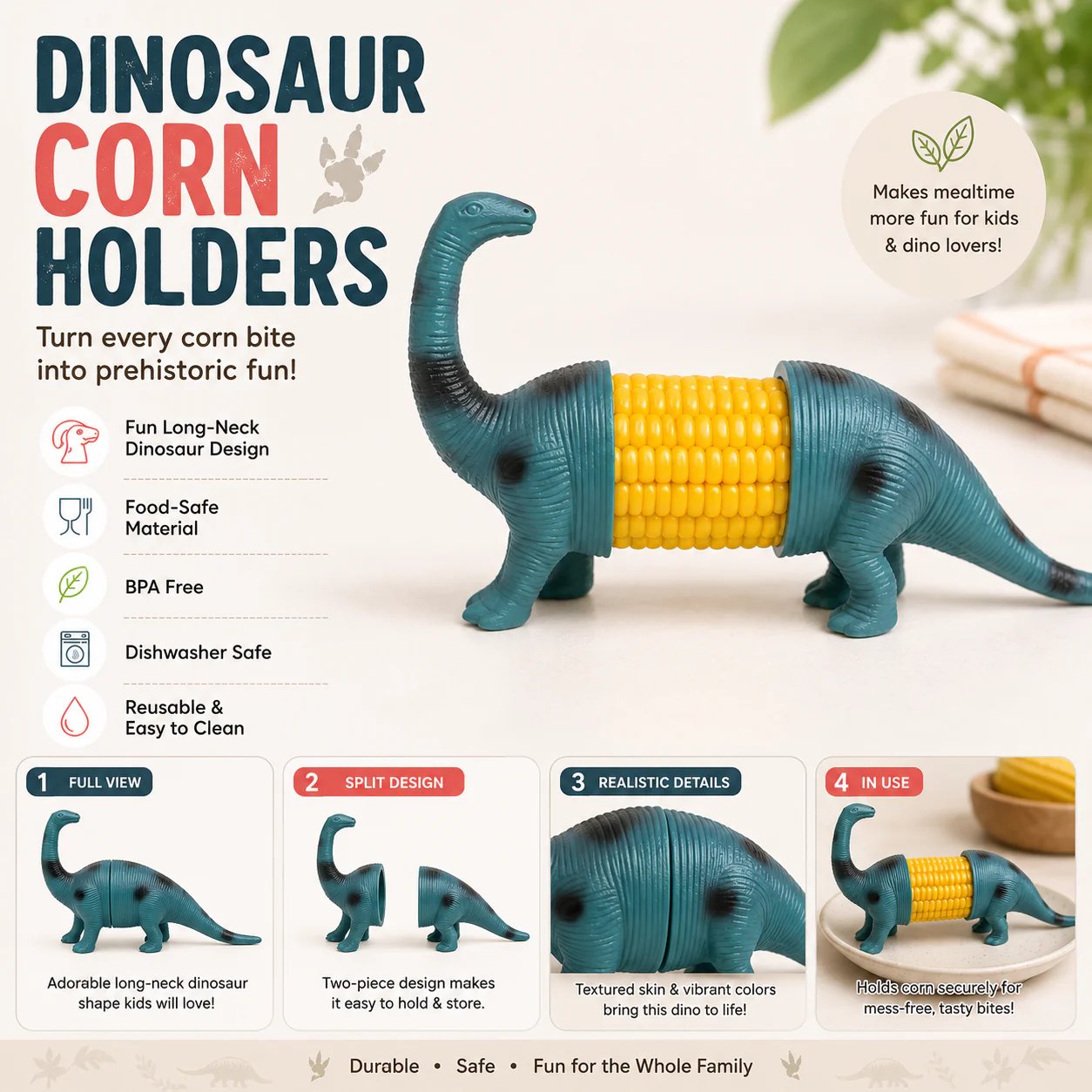 🔥Last Day 49% OFF - 🦖 Cute Dinosaur Corn Holders – Fun Stainless Steel BBQ Kitchen Gadget Set