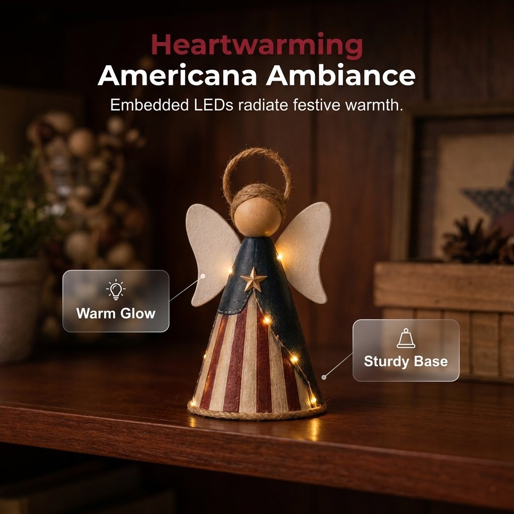 👼✨Rustic Red, White & Blue Angel Ornament with Warm LED Lights-3Pcs