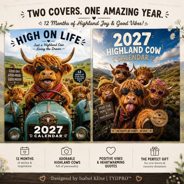 🏡2027 Highland Cow Calendar – 12 Months of Fluffy Fun, Farmhouse Charm & Moo-velous Moments🐮