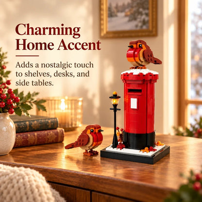 Vintage British Robin & Postbox Brick Display Set – Classic Red Mailbox Model with Robin Figures & Decorative Base