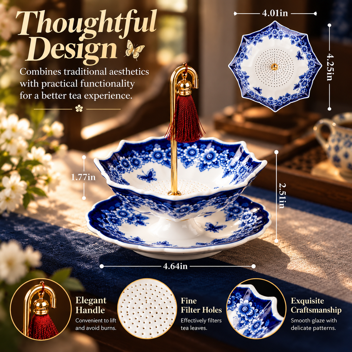 Umbrella-Shaped Porcelain Tea Infuser – Elegant Ceramic Tea Strainer with Decorative Saucer