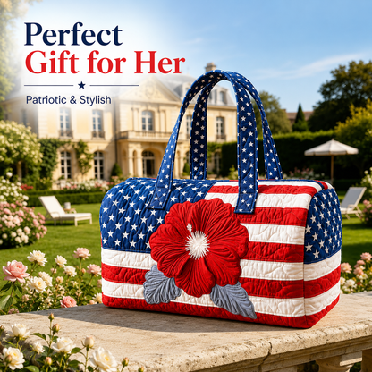 🔥 🇺🇸🧵 Handcrafted Patriotic Quilted Tote Bag – 3D Floral American Flag Travel Duffel